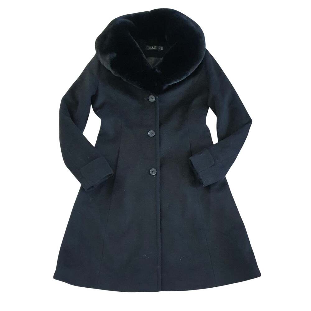 Lauren Ralph Lauren Size 4 Wool Blend Coat Black Faux Fur Old Money Winter